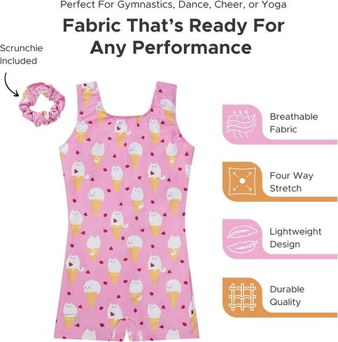 Destira Girls Gymnastics Unitard Kitty Cones Pink Sleeveless Biketard Ice Cream Cat Print, Matching Scrunchie Included in Saudi Arabia