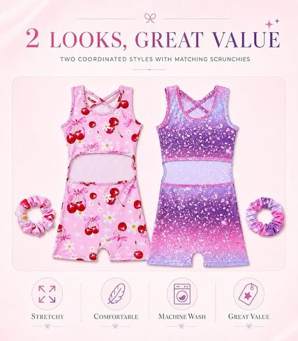 Gymnastics Leotards for Girls 2 Pack Outfit Biketards Unitards | for 1-14 Years, 2 Matching Scrunchies, Criss Cross Open Back, Sleeveless, Stretchy Fabric, for Tumbling Practice in Saudi Arabia