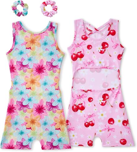 Gymnastics Leotards for Girls 2 Pack Outfit Biketards Unitards | for 1-14 Years, 2 Matching Scrunchies, Criss Cross Open Back, Sleeveless, Stretchy Fabric, for Tumbling Practice in Saudi Arabia