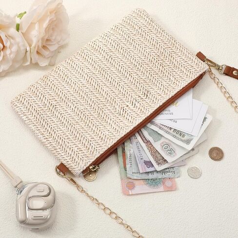 Hand-Woven Straw Pocketbooks, Womens Straw Clutch Bag, Bohemian Wristlet Bag, Straws Clutch Purse with Handle, Zipper Wristlet Wallets for Women Travel Work, Style 2 in Kuwait