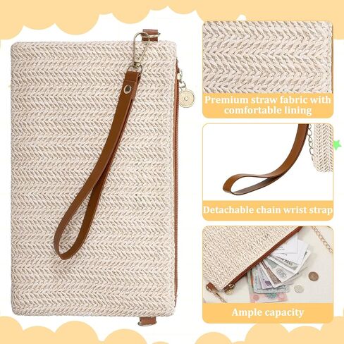 Hand-Woven Straw Pocketbooks, Womens Straw Clutch Bag, Bohemian Wristlet Bag, Straws Clutch Purse with Handle, Zipper Wristlet Wallets for Women Travel Work, Style 2 in Kuwait