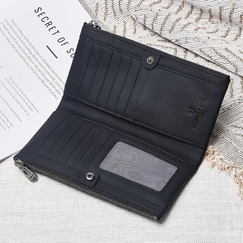 Womens Wallet Leather Card Holder Large Capacity Bifold Clutch Purse with Double Zipper Pockets in Kuwait