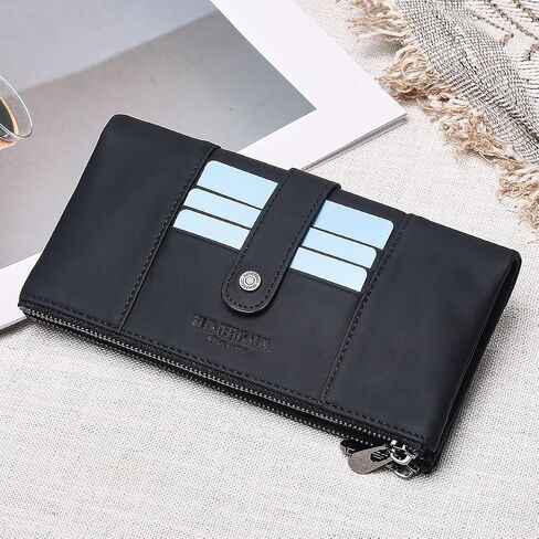 Womens Wallet Leather Card Holder Large Capacity Bifold Clutch Purse with Double Zipper Pockets in Kuwait