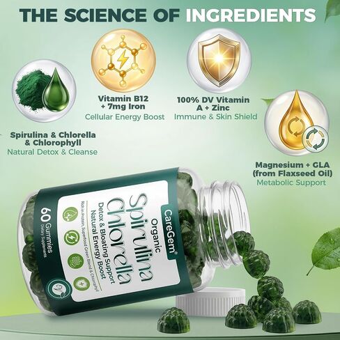 38-in-1 Super Greens Gummies with Sea Moss, Spirulina, Chlorella - Bloating Relief & Gut Health - 100% DV Vitamin A, B12, Iron, Magnesium - Energy & Immunity, Vegan, Green Apple, 60 Cts in Saudi Arabia