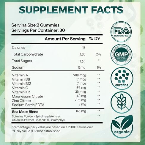 38-in-1 Super Greens Gummies with Sea Moss, Spirulina, Chlorella - Bloating Relief & Gut Health - 100% DV Vitamin A, B12, Iron, Magnesium - Energy & Immunity, Vegan, Green Apple, 60 Cts in Saudi Arabia
