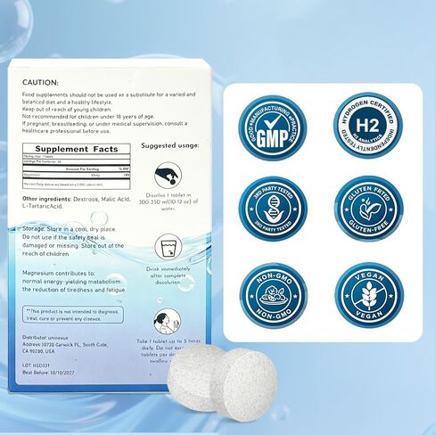 Molecular Hydrogen Tablets with Magnesium for Seniors, Women - Fast Dissolving H2 Water Tabs, 12 PPM Hydrogen-Rich Antioxidant Supplement for Energy & Post Workout Support, 30 Count in Kuwait