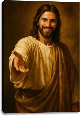 Jesus Smiling Reaching Canvas Wall Art Decor, Christain Savior Painting Poster, Jesus Laughing Holding Out His Hand Pictures for Wall Living Room Bedroom Church Home Decoration 12*16 in (Stretched Canvas on A Wooden Frame) in Saudi Arabia