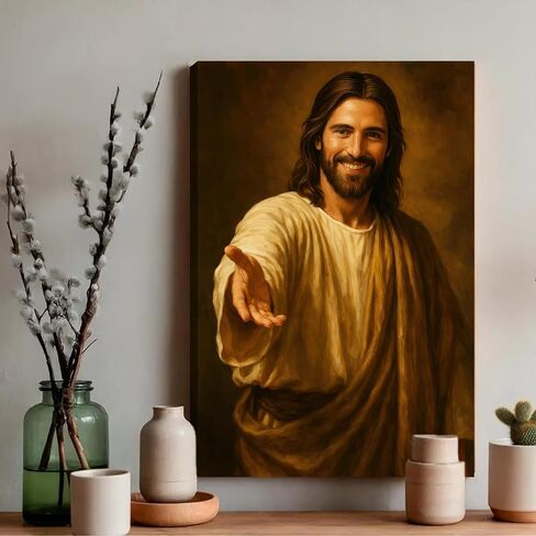 Jesus Smiling Reaching Canvas Wall Art Decor, Christain Savior Painting Poster, Jesus Laughing Holding Out His Hand Pictures for Wall Living Room Bedroom Church Home Decoration 12*16 in (Stretched Canvas on A Wooden Frame) in Saudi Arabia