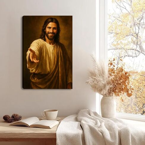 Jesus Smiling Reaching Canvas Wall Art Decor, Christain Savior Painting Poster, Jesus Laughing Holding Out His Hand Pictures for Wall Living Room Bedroom Church Home Decoration 12*16 in (Stretched Canvas on A Wooden Frame) in Saudi Arabia