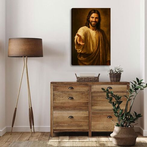 Jesus Smiling Reaching Canvas Wall Art Decor, Christain Savior Painting Poster, Jesus Laughing Holding Out His Hand Pictures for Wall Living Room Bedroom Church Home Decoration 12*16 in (Stretched Canvas on A Wooden Frame) in Saudi Arabia