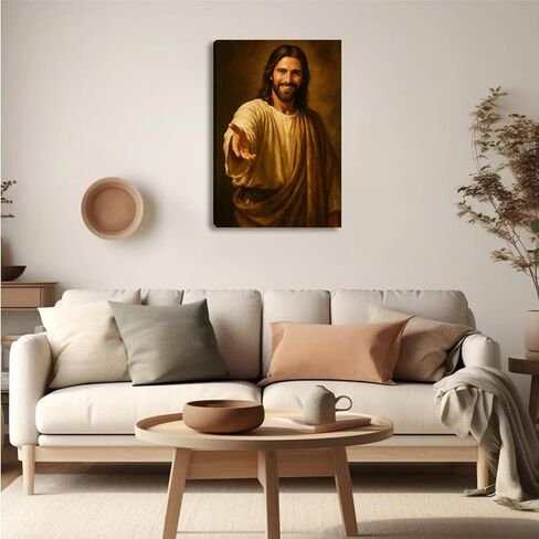 Jesus Smiling Reaching Canvas Wall Art Decor, Christain Savior Painting Poster, Jesus Laughing Holding Out His Hand Pictures for Wall Living Room Bedroom Church Home Decoration 12*16 in (Stretched Canvas on A Wooden Frame) in Saudi Arabia