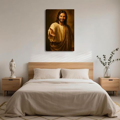 Jesus Smiling Reaching Canvas Wall Art Decor, Christain Savior Painting Poster, Jesus Laughing Holding Out His Hand Pictures for Wall Living Room Bedroom Church Home Decoration 12*16 in (Stretched Canvas on A Wooden Frame) in Saudi Arabia