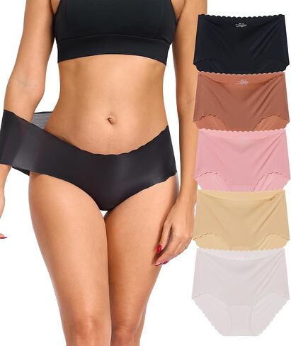ANLIQI Seamless Underwear for Women Ultra Thin No Show Hipster Panties Pack Invisible Bikini Briefs Wave Edge Lightweight Full Coverage Stretch Low Rise Undies for Ladies(5A Pack,M) in Kuwait