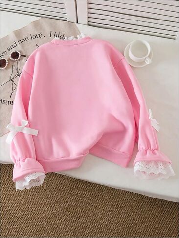 WDIRARA Girl's Cute Bow Sweatshirt Lace Trim Long Flounce Sleeve Pullover Tops in Kuwait