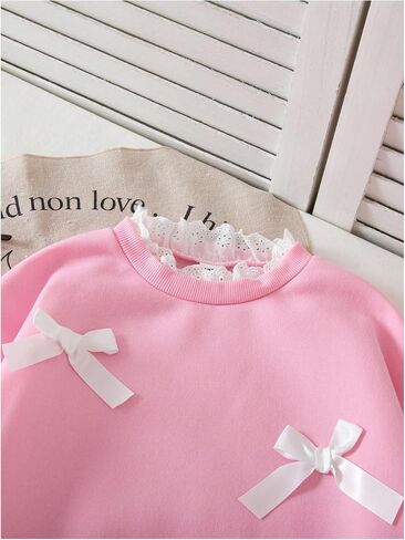 WDIRARA Girl's Cute Bow Sweatshirt Lace Trim Long Flounce Sleeve Pullover Tops in Kuwait