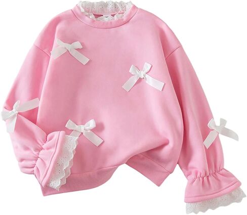 WDIRARA Girl's Cute Bow Sweatshirt Lace Trim Long Flounce Sleeve Pullover Tops in Kuwait