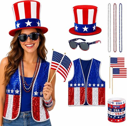 CICOCI 4th of July Accessories Uncle Sam Costume Set for Adults Patriotic USA Outfit Red White Blue America 250th Anniversary in Kuwait