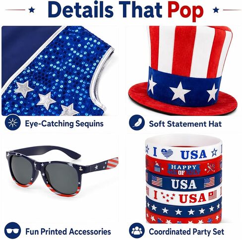 CICOCI 4th of July Accessories Uncle Sam Costume Set for Adults Patriotic USA Outfit Red White Blue America 250th Anniversary in Kuwait