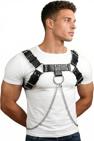 Mens PU Leather Chest Harness Costume Cosplay Top with Chains, Adjustable Body Harness Shoulder Straps Male Punk Fashion Steatement Rave Outfit for Music Festival Party Halloween Cosplay in Saudi Arabia