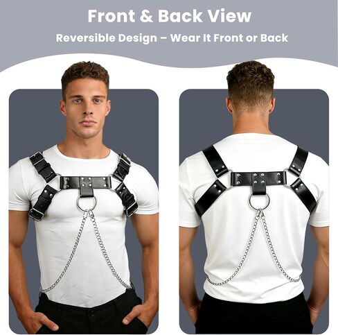 Mens PU Leather Chest Harness Costume Cosplay Top with Chains, Adjustable Body Harness Shoulder Straps Male Punk Fashion Steatement Rave Outfit for Music Festival Party Halloween Cosplay in Saudi Arabia