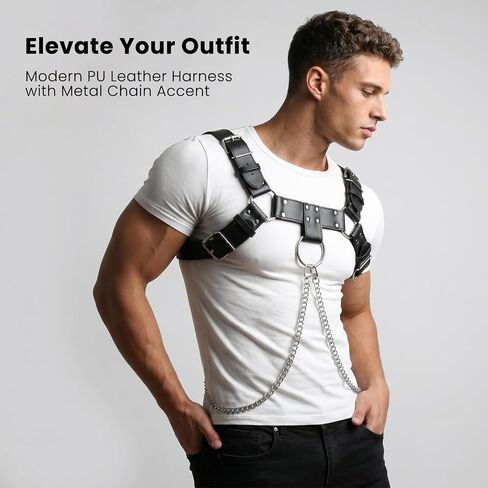 Mens PU Leather Chest Harness Costume Cosplay Top with Chains, Adjustable Body Harness Shoulder Straps Male Punk Fashion Steatement Rave Outfit for Music Festival Party Halloween Cosplay in Saudi Arabia