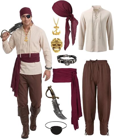 Pirate Costume for Men - 9 Pcs Renaissance Medieval Pirate Outfit with Accessories for Halloween Cosplay in Saudi Arabia