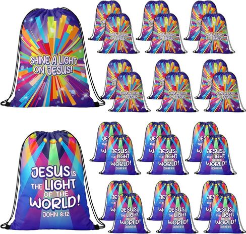 Hsei 12 Pcs Vbs 2026 Drawstring Bags Bulk Jesus Is Light of The World Backpacks Reusable Waterproof Religious Gift Bags for Vacation Bible School Church Events Bible Study in Kuwait