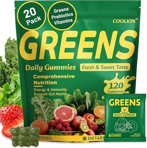 COOLKIN Greens Daily Gummies, Adult Super Greens Multivitamin Superfood Gummies with Spirulina, Chlorella, Adaptogens & Prebiotic Fiber - Digestive Health Support, (20 Count) in Saudi Arabia