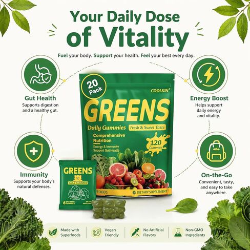COOLKIN Greens Daily Gummies, Adult Super Greens Multivitamin Superfood Gummies with Spirulina, Chlorella, Adaptogens & Prebiotic Fiber - Digestive Health Support, (20 Count) in Saudi Arabia
