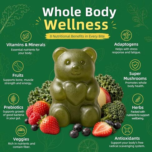 COOLKIN Greens Daily Gummies, Adult Super Greens Multivitamin Superfood Gummies with Spirulina, Chlorella, Adaptogens & Prebiotic Fiber - Digestive Health Support, (20 Count) in Saudi Arabia