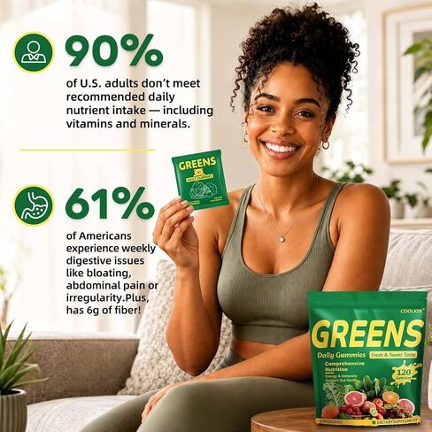 COOLKIN Greens Daily Gummies, Adult Super Greens Multivitamin Superfood Gummies with Spirulina, Chlorella, Adaptogens & Prebiotic Fiber - Digestive Health Support, (20 Count) in Saudi Arabia