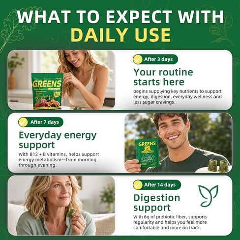 COOLKIN Greens Daily Gummies, Adult Super Greens Multivitamin Superfood Gummies with Spirulina, Chlorella, Adaptogens & Prebiotic Fiber - Digestive Health Support, (20 Count) in Saudi Arabia