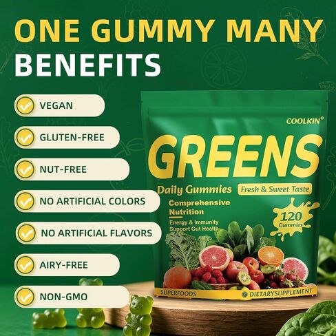 COOLKIN Greens Daily Gummies, Adult Super Greens Multivitamin Superfood Gummies with Spirulina, Chlorella, Adaptogens & Prebiotic Fiber - Digestive Health Support, (20 Count) in Saudi Arabia
