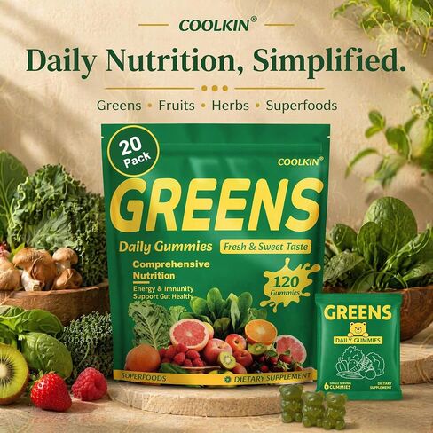 COOLKIN Greens Daily Gummies, Adult Super Greens Multivitamin Superfood Gummies with Spirulina, Chlorella, Adaptogens & Prebiotic Fiber - Digestive Health Support, (20 Count) in Saudi Arabia
