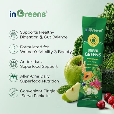 inGreens Super Greens Powder, Superfoods, 0 Sugar, Collagen, Probiotics, Spirulina, Chlorella, Daily Greens Drink Mix for Antioxidants, Gut Health, Energy & Beauty Support, Natural Flavor, 30 Packets in Saudi Arabia