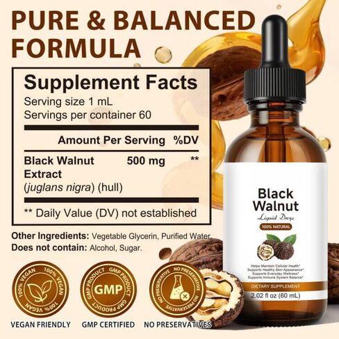 Black Walnut Liquid Drops - 500mg Juglans Nigra Extract - Supports Everyday Wellness, Digestive Balance & Cellular Harmony - Vegan, Alcohol-Free & Sugar-Free - 2.02 fl oz (60 mL) in Kuwait