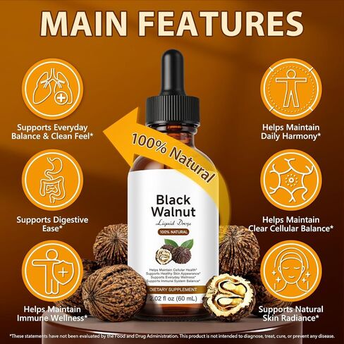 Black Walnut Liquid Drops - 500mg Juglans Nigra Extract - Supports Everyday Wellness, Digestive Balance & Cellular Harmony - Vegan, Alcohol-Free & Sugar-Free - 2.02 fl oz (60 mL) in Kuwait