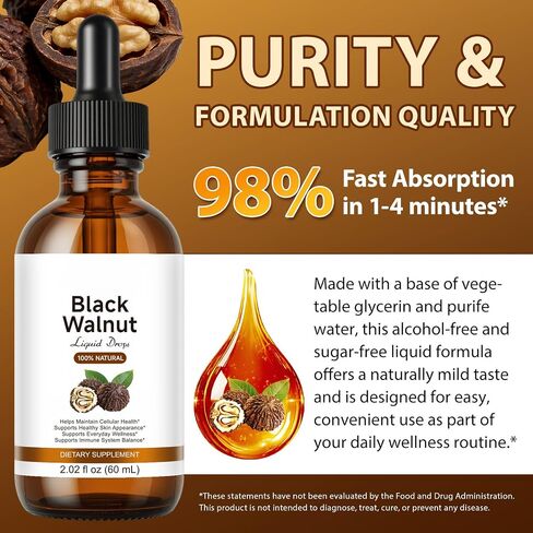 Black Walnut Liquid Drops - 500mg Juglans Nigra Extract - Supports Everyday Wellness, Digestive Balance & Cellular Harmony - Vegan, Alcohol-Free & Sugar-Free - 2.02 fl oz (60 mL) in Kuwait