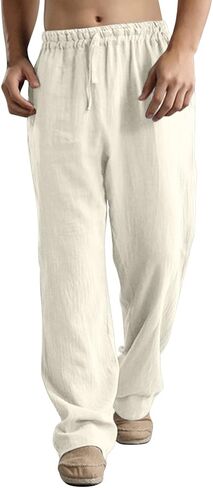 Aniywn Black Linen Pants Men Loose Fit Lightweight Drawstring Elastic Waist Pockets Straight Leg Summer Casual Beach Pants in Kuwait