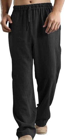 Aniywn Black Linen Pants Men Loose Fit Lightweight Drawstring Elastic Waist Pockets Straight Leg Summer Casual Beach Pants in Kuwait