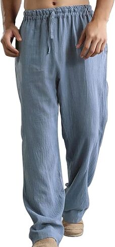 Aniywn Black Linen Pants Men Loose Fit Lightweight Drawstring Elastic Waist Pockets Straight Leg Summer Casual Beach Pants in Kuwait
