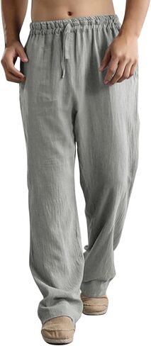 Aniywn Black Linen Pants Men Loose Fit Lightweight Drawstring Elastic Waist Pockets Straight Leg Summer Casual Beach Pants in Kuwait