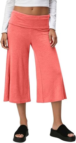 Wide Leg Capri Pants for Women Summer Fold Over Waist High Rise Lounge Pants Flowy Cropped Length Casual Daily Wear in Saudi Arabia