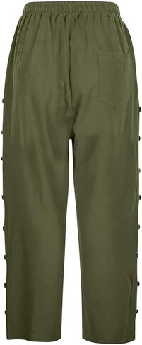 Linen Capri Pants Women 2026 Summer Casual Drawstring Side Button Elastic Waist Straight Wide Leg Cropped Pant in Saudi Arabia