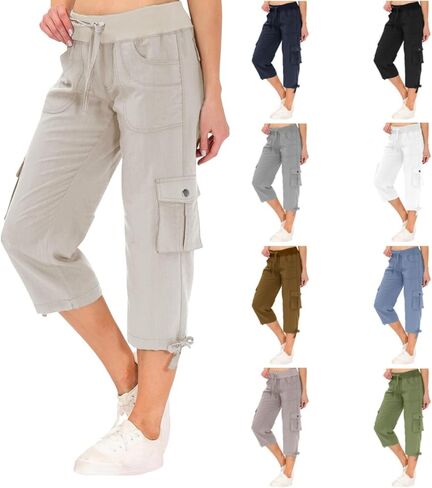 Cargo Capris for Women Cotton Blend Loose Fit Casual Dressy Lightweight Wide Legs Baggy Cropped Pants with Pockets in Saudi Arabia
