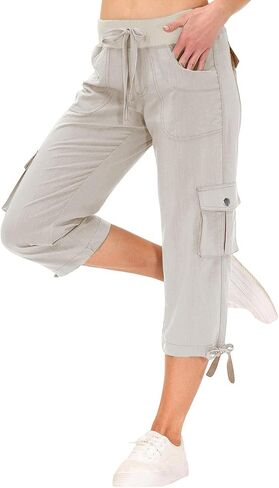 Cargo Capris for Women Cotton Blend Loose Fit Casual Dressy Lightweight Wide Legs Baggy Cropped Pants with Pockets in Saudi Arabia