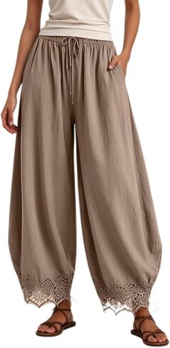 Flowy Pants for Women Summer Cropped Lace-Hem High Waisted Drawstring Pants Wide Leg Casual Lightweight Trousers in Saudi Arabia