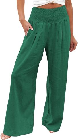 Linen Pants Women Wide Leg Summer Boho Elastic High Waist Casual Lounge Pant Beach Travel Flowy Trousers with Pockets in Saudi Arabia