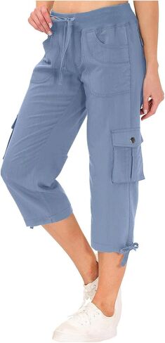 Cargo Capris for Women Cotton Blend Loose Fit Casual Dressy Lightweight Wide Legs Baggy Cropped Pants with Pockets in Saudi Arabia