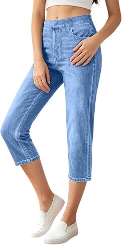 Stretch Denim Capris for Women High Waisted Pull On Straight Leg Summer Denim Print Cropped Leggings with Pockets in Saudi Arabia